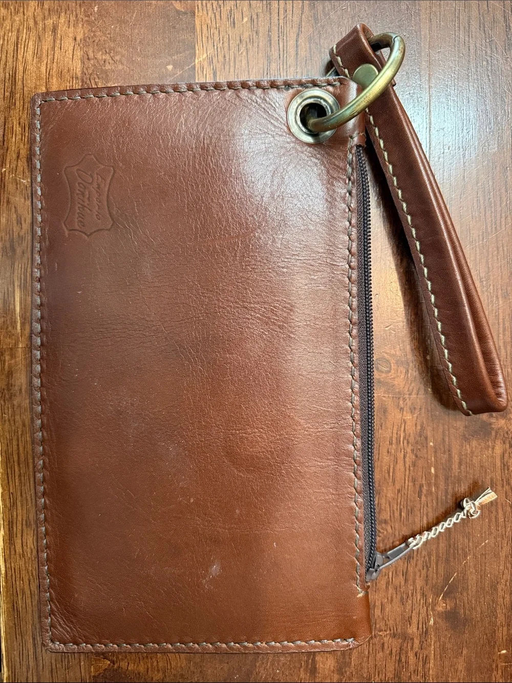 Brown Leather Wristlet Clutch with Burgundy and Red Stripe Panel